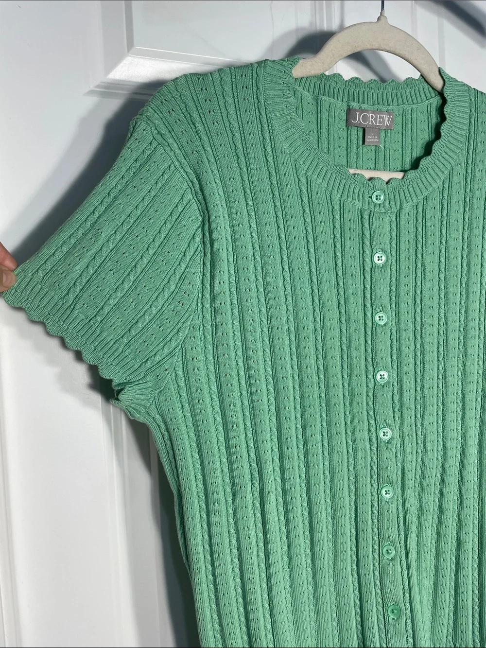 J. Crew Jackie Pointelle Cardigan Large Matcha Macaron Green Short Sleeve